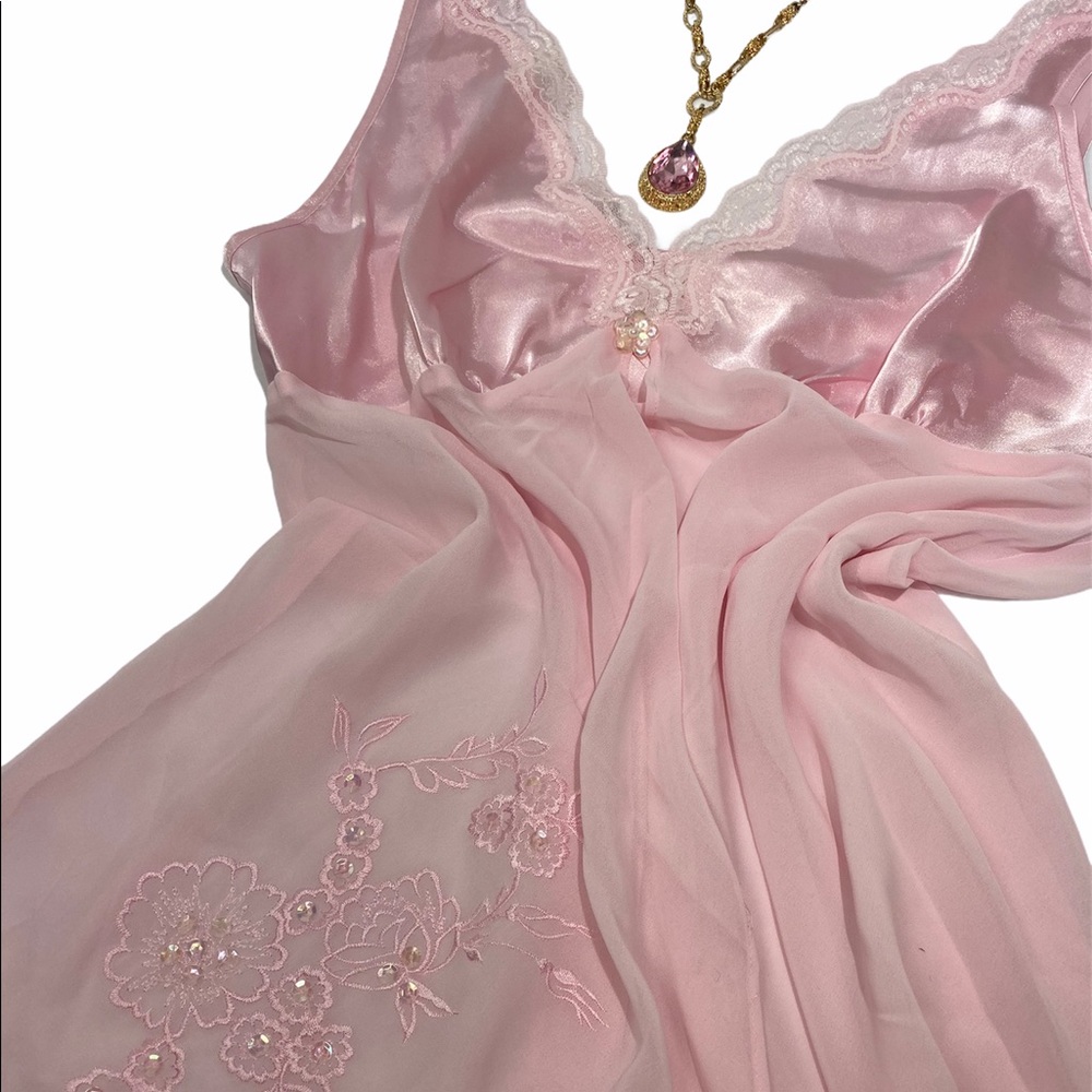 Sexy Silk Babydoll Nighty Romantic Sequins Embroidered Pink 80s 90s Y2K Lingerie - Picture 16 of 16